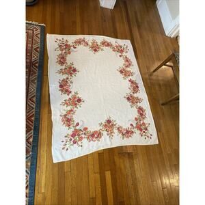 Vintage LINEN Tablecloth Floral Cabbage Roses 50x 62 Square Cottage Retro Farm